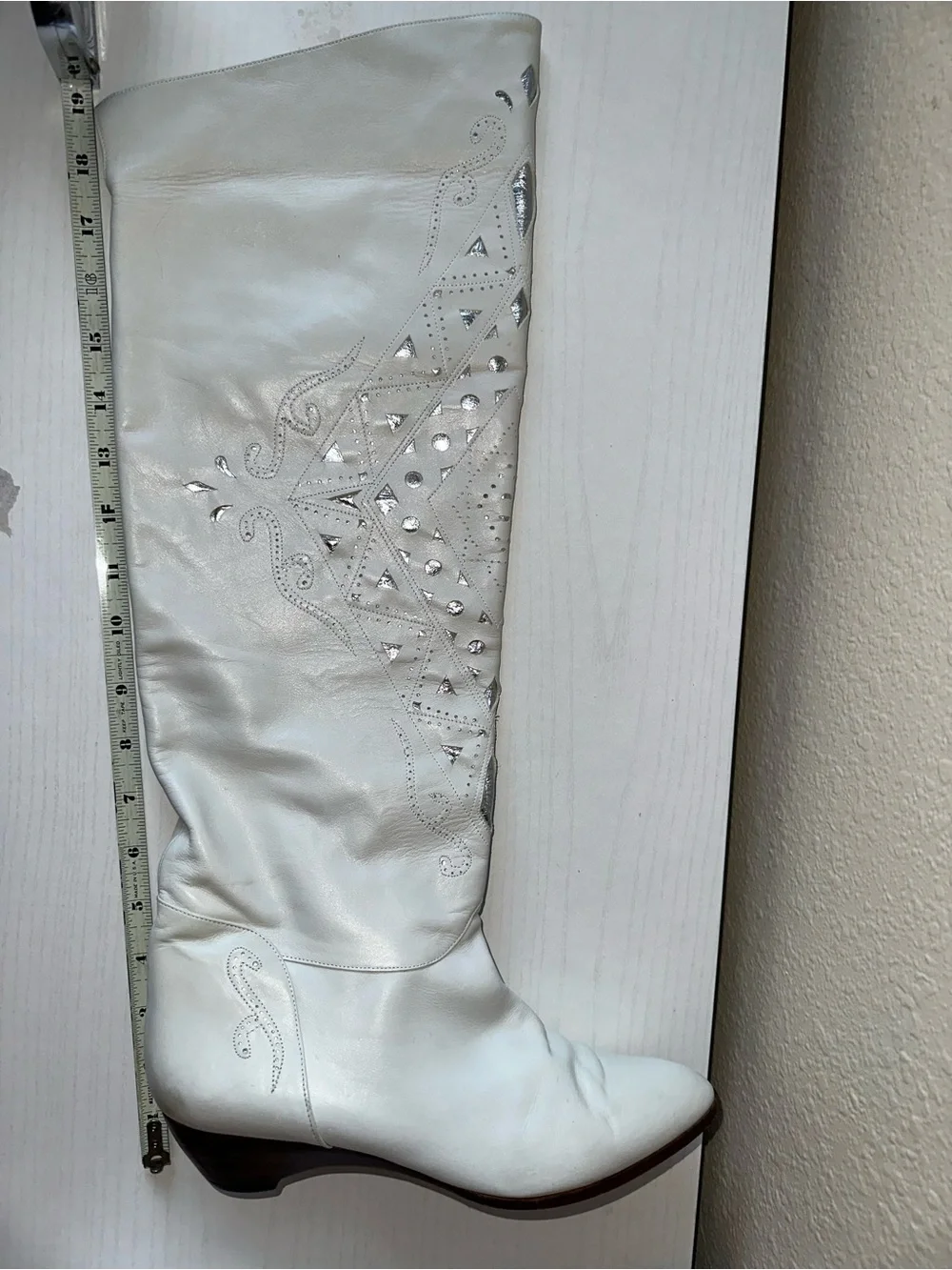 Vintage Caporicci White Western Knee High Boots Game Day Festival Bride Bridal 8